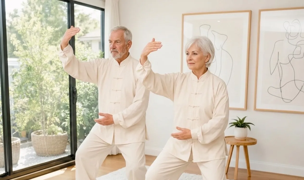 An older couple practicing Tai Chi together in a bright living room