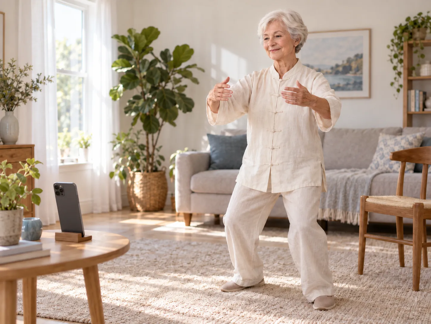 An older woman practicing Tai Chi in her living room, following a lesson on her phone