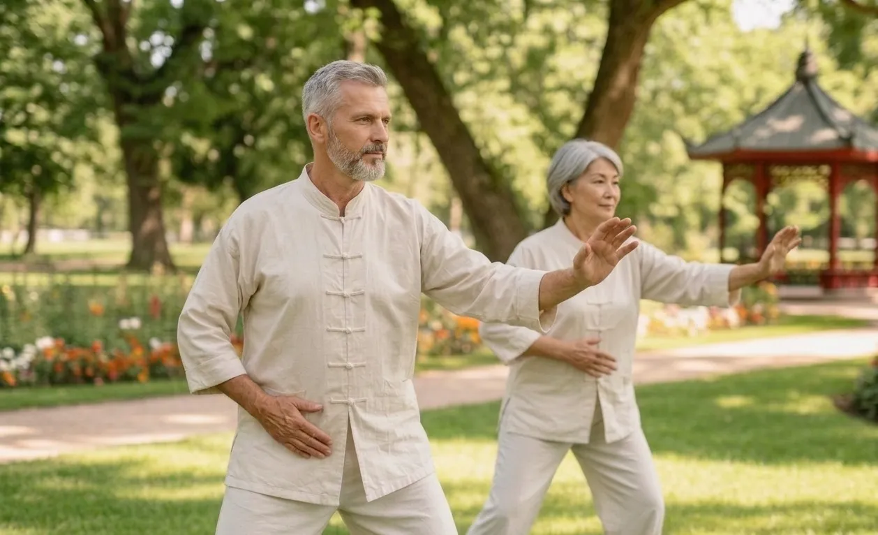A group of older adults practicing Tai Chi together in a sunny park