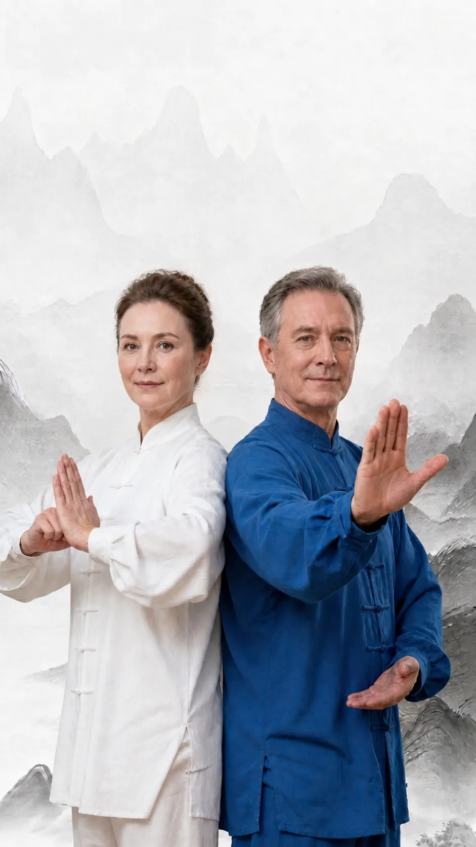 An older man and woman in traditional Tai Chi clothes, standing calmly back to back
