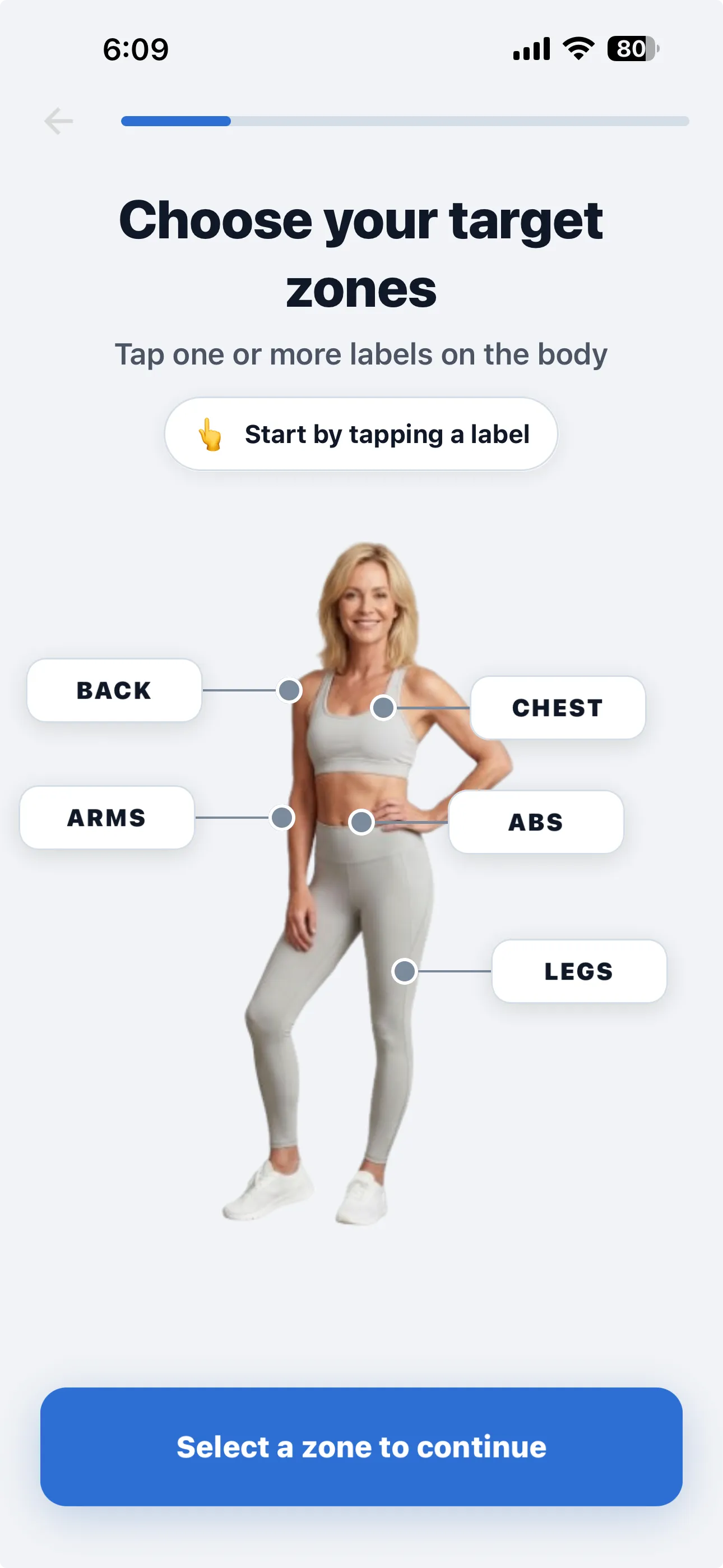 The app setup screen asking which body areas you want to focus on