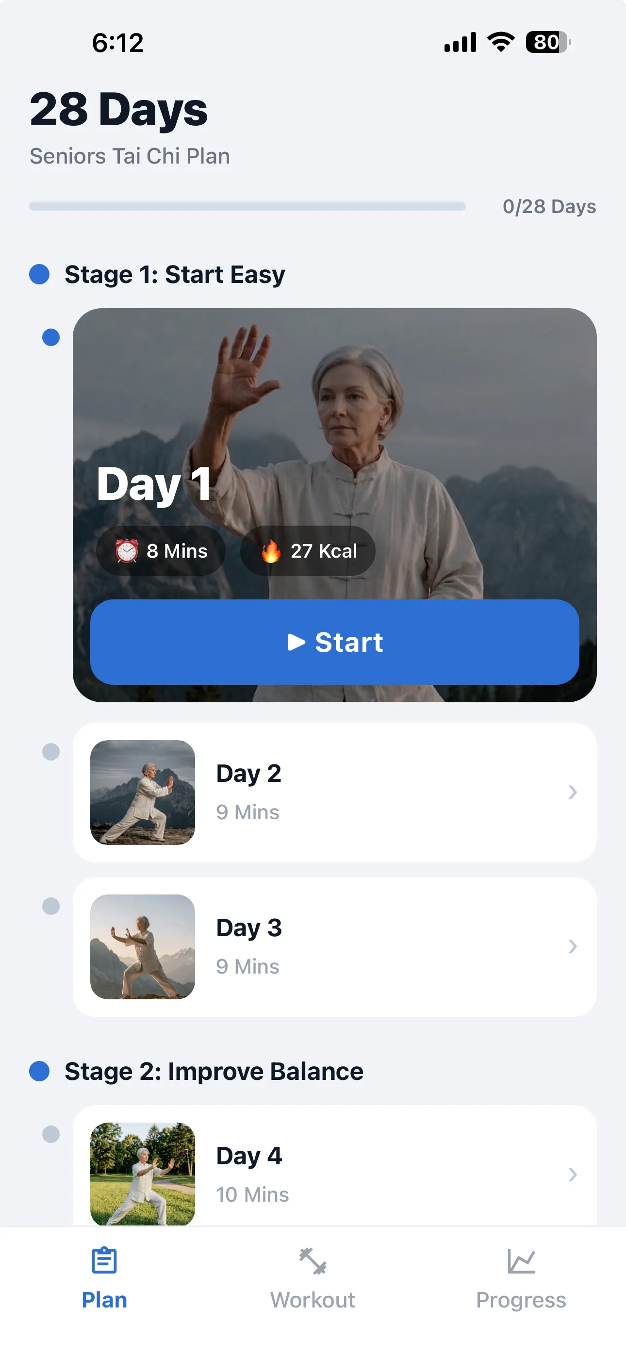 The 28-day plan in the app, starting with Stage 1: Start Easy