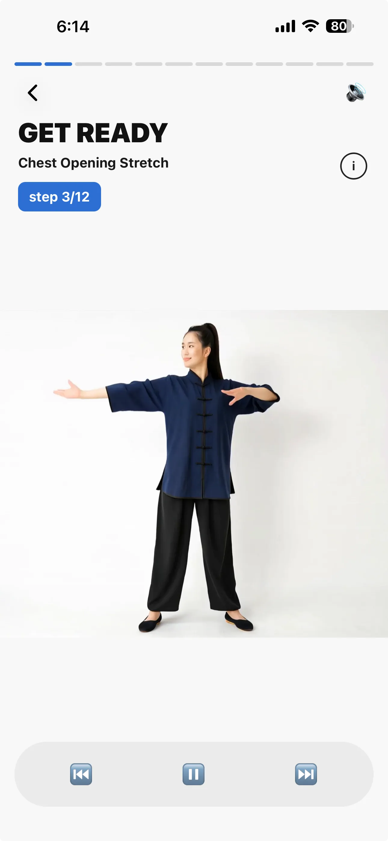An exercise screen in the app with a Tai Chi instructor showing the Chest Opening Stretch
